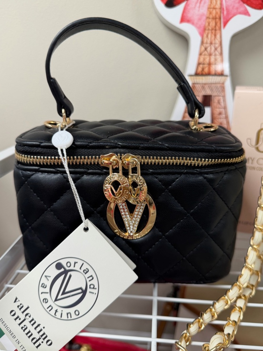 NWT Valentino Orlandi Black Quilted Mini Vanity Bag with Gold V Logo Charm$330 - Picture 1 of 2